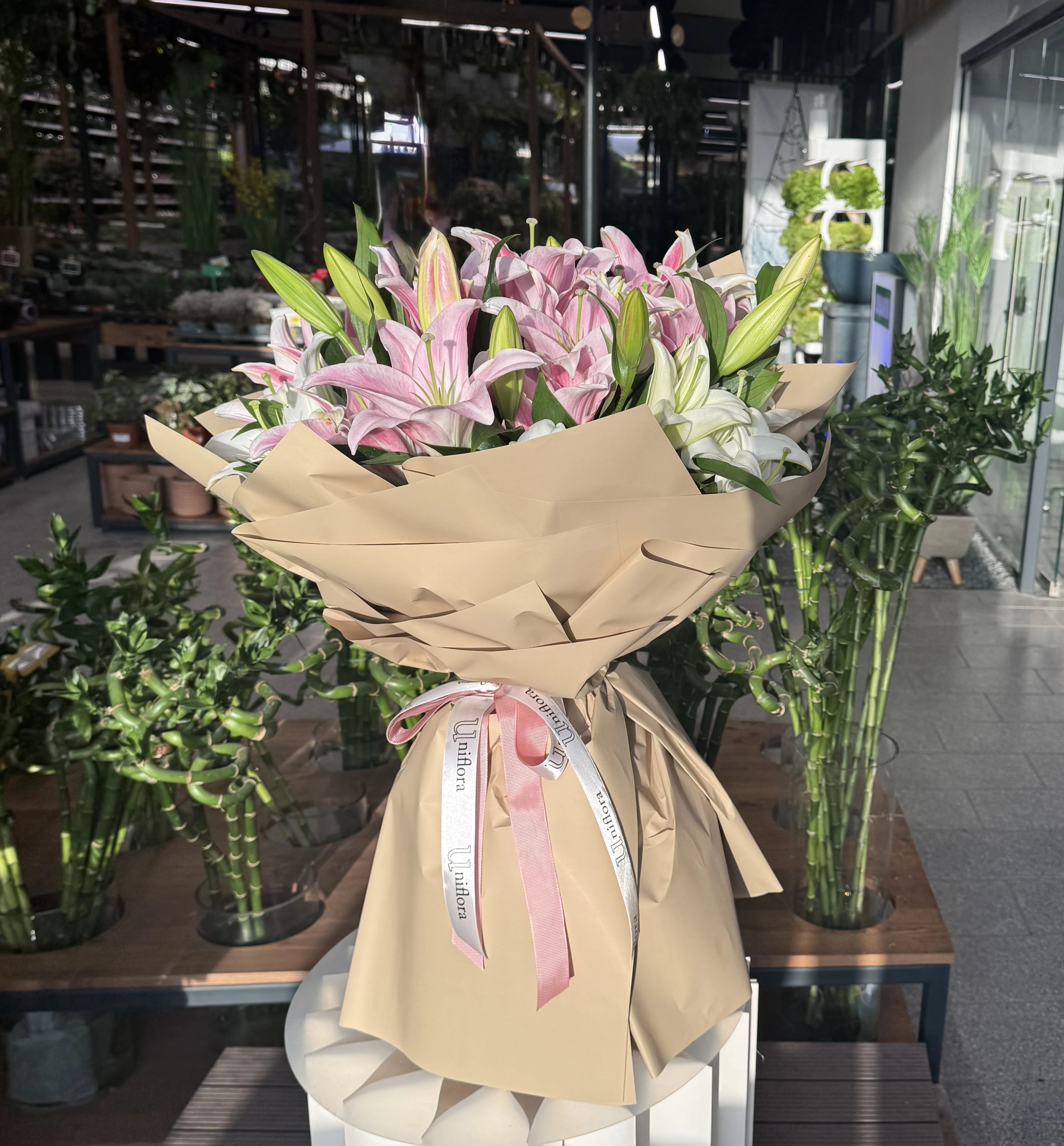 Pink and White Lily Bouquet - Uniflora
