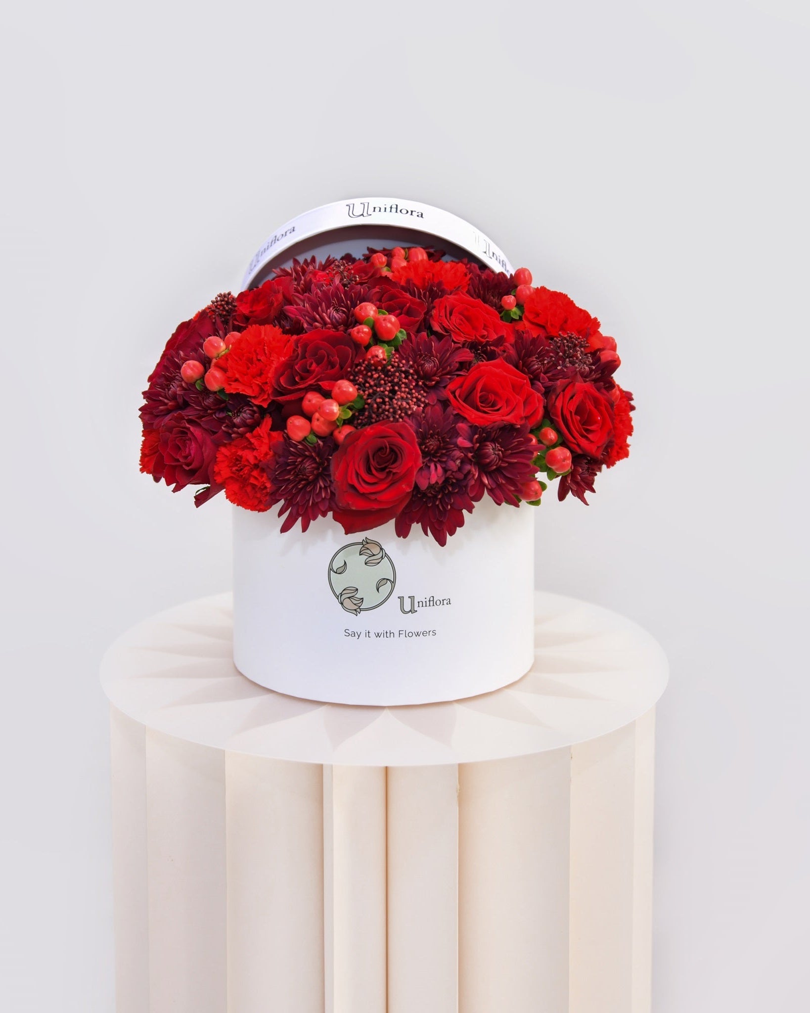 Scarlet Desire Box, red roses flower box, from Uniflora Dubai (alternate view)